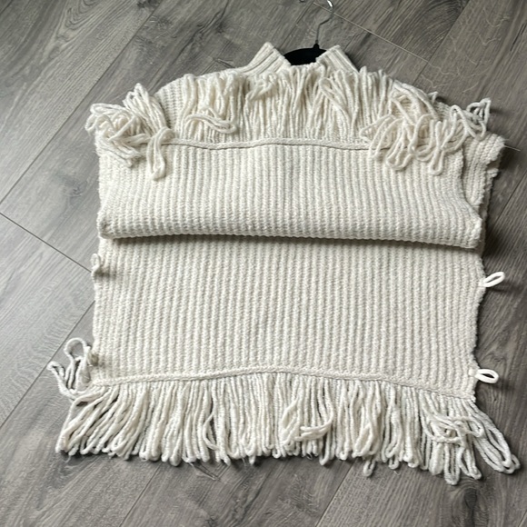 Anthropologie Off White Mock Neck Buttoned Poncho with Fringes. - Picture 8 of 9